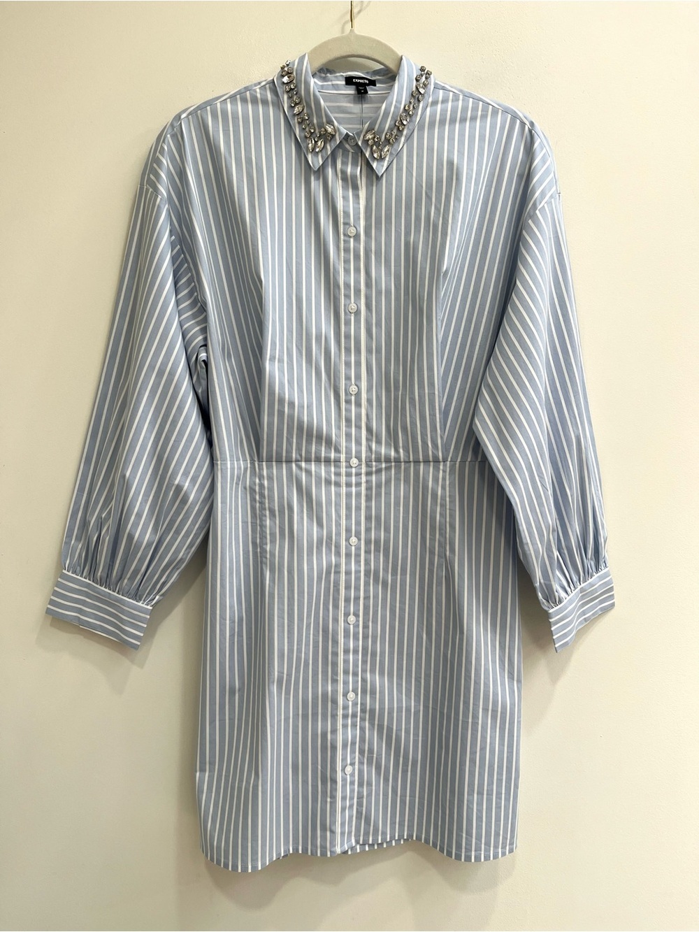 Express Poplin Embellished Collar Blue White Striped Boyfriend Shirtdress Medium
